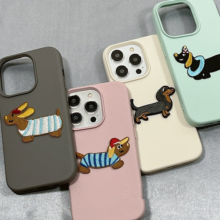 Cute Simple Embroidery Sausage Dog Silicone Phone Case