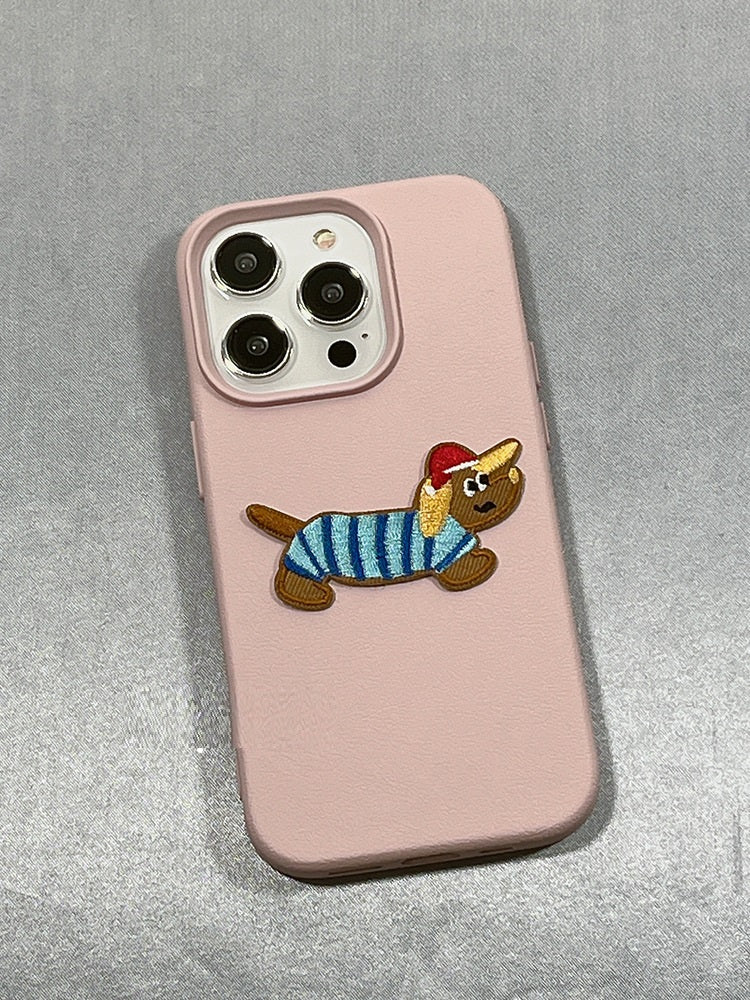 Cute Simple Embroidery Sausage Dog Silicone Phone Case