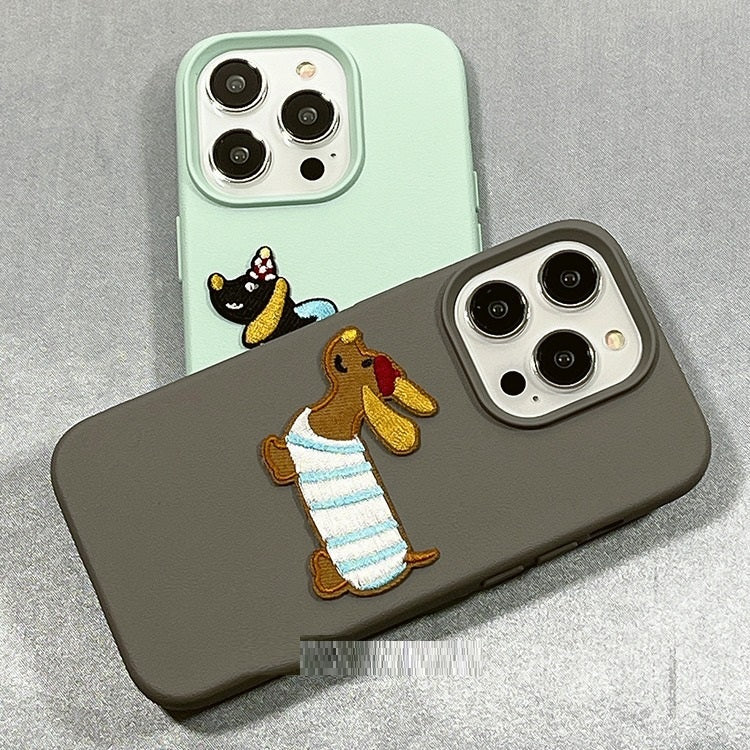 Cute Simple Embroidery Sausage Dog Silicone Phone Case