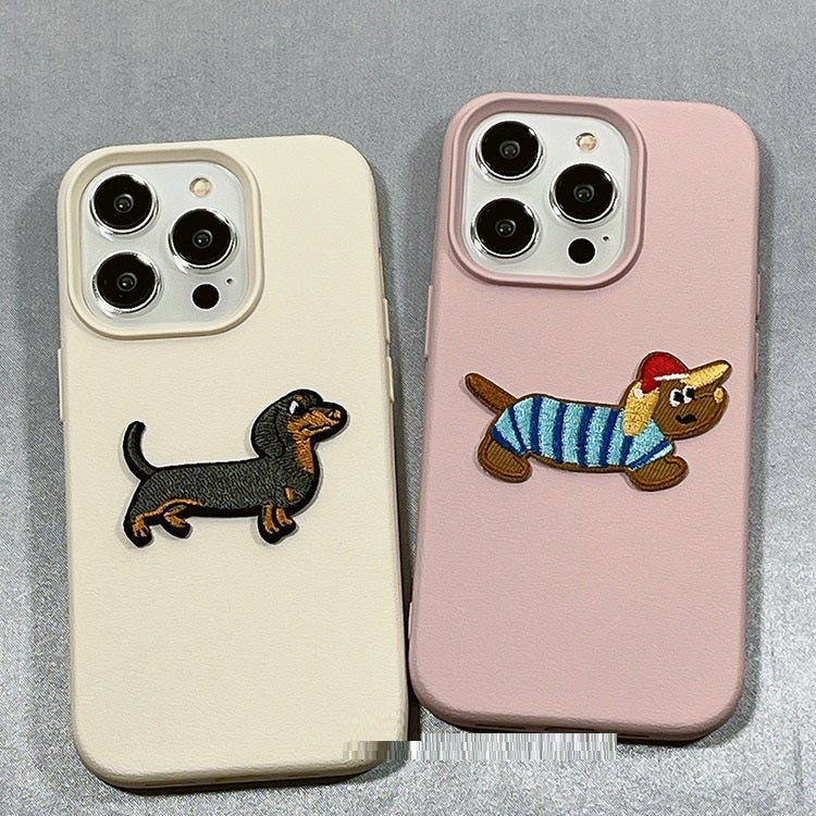 Cute Simple Embroidery Sausage Dog Silicone Phone Case