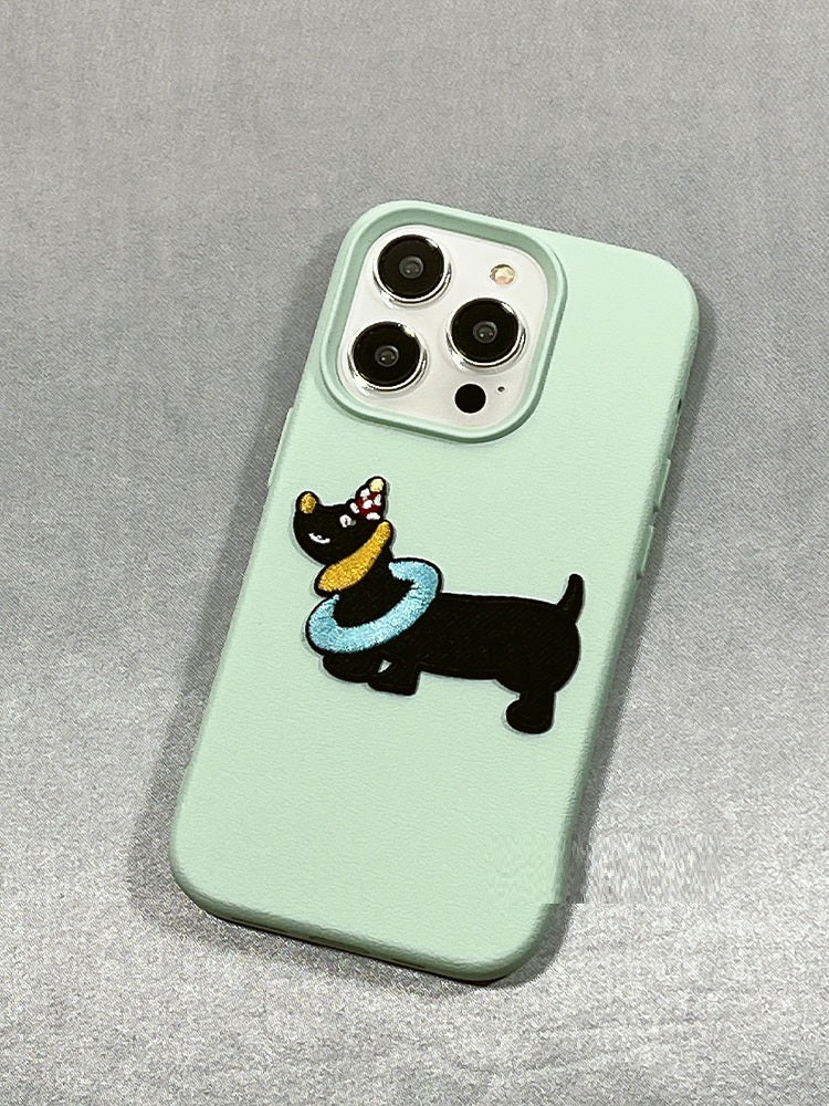 Cute Simple Embroidery Sausage Dog Silicone Phone Case